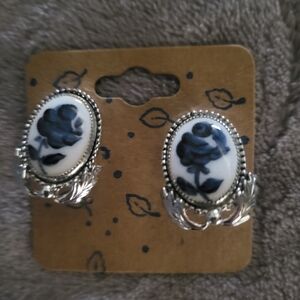 Clip on earrings Blue Rose Cameo Style Vintage